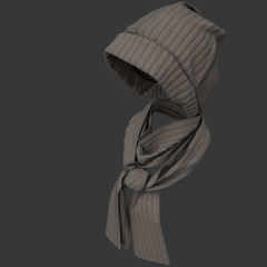 Knit cap and scarf. Weared to the invisible girl. Winter warm clothing accessories. 3D render. Isolated with clipping path.