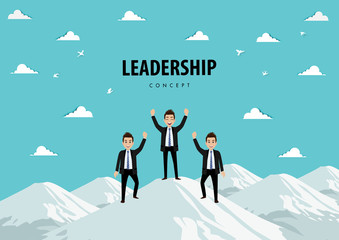 Obraz premium Cartoon character of the team on the mountain. Leadership Concept Vector