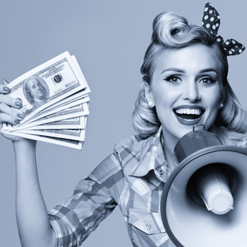 smiling woman with money and megaphone, dressed in pin-up style