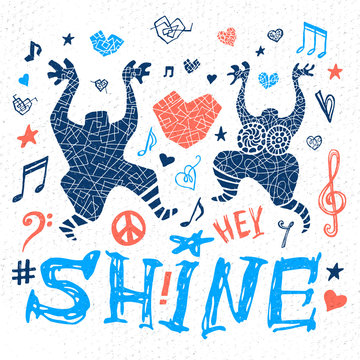 Funny cool dude character music theme party doodle lettering slogan graphic art for t shirt design print posters. Hey, shine. Hand drawn vector illustration.