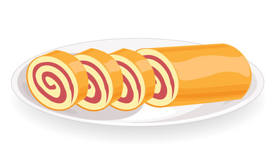Sweet tasty pie with jam. Exquisite food on a beautiful platter. Fresh baked dessert for tea or coffee. Decoration of the festive table. Vector illustration