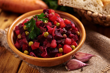 Vinegret. Traditional Russian vegetable salad. Selective focus