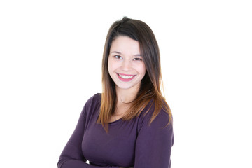 pretty cute smile happy young woman posing arms folded crossed on white background