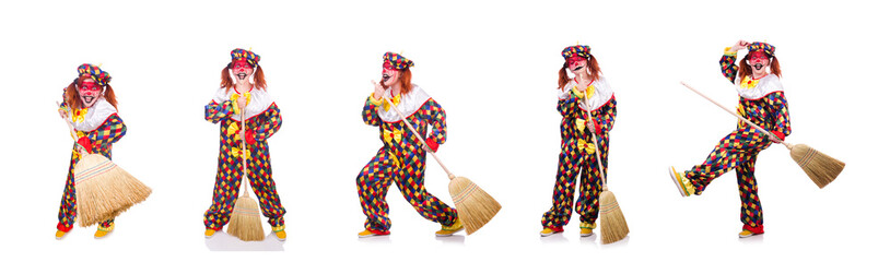 Clown with broom isolated on white