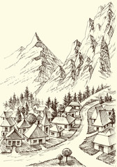 Fototapeta na wymiar Mountains village hand drawing. Alpine landscape in the background