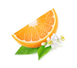 Isolated orange slice and blossoms. One piece of orange fruit with leaves and flowers isolated on...