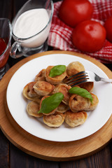 Fried dumplings. Traditional russian pelmeni on a whie plate. Rustic.