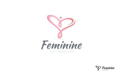 Elegant heart shape logo in pink as a woman figure showing growth in ribbon form