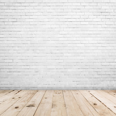 Old white brick wall and wood floor background and texture with copy space