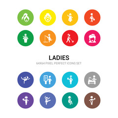 16 ladies vector icons set included woman cooking, woman crying, woman dancing ballet, device user, dish washer, doctor, doing a presentation, exercising, face, farmer, fishing icons
