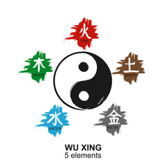 Wu xing 5 Elements Set. Vector color isolated japanese nature symbols. Chinese calligraphy Feng Shui hieroglyph. China zodiac sign, astrology icon. Traditional graphic harmony energy mandala