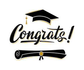 Congrats! greeting sign for graduation party. Class of 2019. Academic cap and diploma. Vector design for congratulation ceremony, invitation card, banner. Grads symbol for university, school, academy