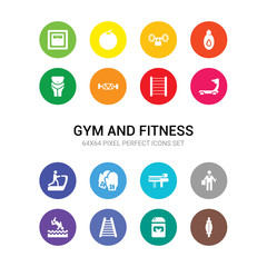 16 gym and fitness vector icons set included stretching punching ball, supplement, swedish wall, swim, trainer, trainer rod, training gloves, treadmill, treadmill machine, trellis, triceps bar icons