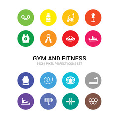 16 gym and fitness vector icons set included rings, roller, rope, rowing machine, running machine, scale, skipping rope, sleeveless, sneakers, sport bag, sport expander icons