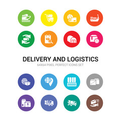 16 delivery and logistics vector icons set included express mail, fast delivery, forklift, fragile, free delivery, freight, global distribution, global logistic, guarantee, hangar, inspection icons