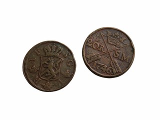  Two old Swedish coins of the 18th century isolated on a white background.