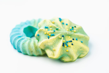 Closeup Freshly baked dessert meringues marshmallow zephyr cake isolated on white