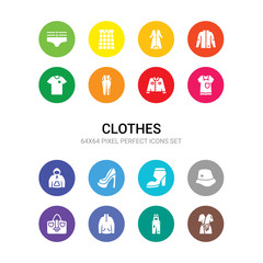 16 clothes vector icons set included dressing gown, dungarees, fleece, hand bag, hat, heels, high heel, hoodie, housecoat, jean, jeans icons
