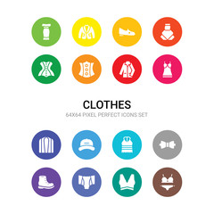 16 clothes vector icons set included bra & knicker, brassiere, briefs, brisk boots, butterfly tie, camisole, cap, cardigan, chemise, coat, corset icons