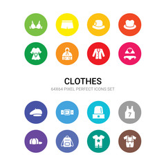 16 clothes vector icons set included baby clothes, baby grow, bag, baseball cap, basketball jersey, beanie, belt, beret, bikini, blazer, windbreaker icons