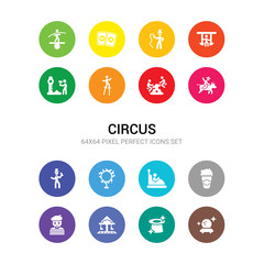 16 circus vector icons set included magic ball, magic hat, merry go round, mime, pop corn, ride, ring of fire, ringmaster, rodeo, seesaw, stilt walker icons