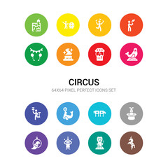 16 circus vector icons set included circus horse, circus lion, monkey, parrot, rabbit, sawing, seal, stunt, walrus, claw machine, crystal ball icons