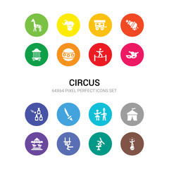 16 circus vector icons set included acrobat, acrobatics, aerialist, amusement park, arena, assistant, balloon sword, bottle throw, carnival, circus balance, circus ball icons