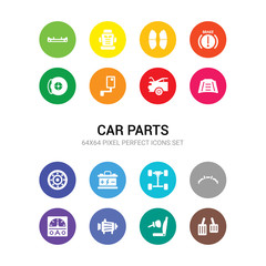 16 car parts vector icons set included car accelerator, car air bag, alternator, ammeter, anti-roll bar, axle, battery, bearing, bonnet, boot, wing mirror icons