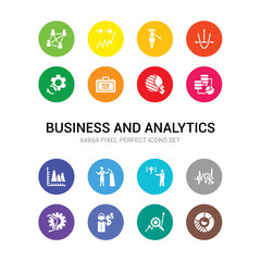 16 business and analytics vector icons set included round value chart, search analytics, service, setting flow interface, sine waves analysis, solution, speech, statistics, stock data analysis,