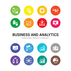 16 business and analytics vector icons set included graph pie, growth, hexagonal interconnections, hierarchy, id card, increasing stocks, ipo, laptop profits graphics, laptop with analysis,