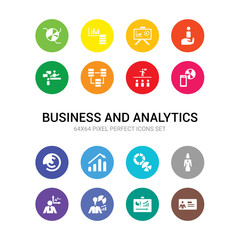 16 business and analytics vector icons set included business card, business plan, skills, businessman analysis, businesswoman, chart pie, charts, circular chart, circular graphic of mobile,