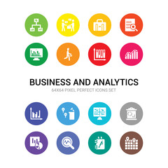 16 business and analytics vector icons set included 3d location graph, agenda, analysis, analytic visualization, analytics, analytics monitor, auction, bar chart, bar stats, bars chart analysis,