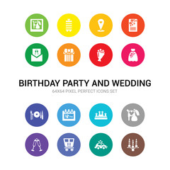 16 birthday party and wedding vector icons set included wedding candle, wedding car, carriage, champagne, couple, crown, day, dinner, dress, flowers, gift icons