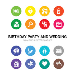16 birthday party and wedding vector icons set included headband, hearts, honeymoon, jukebox, just married, kiss, lipstick, love birds, love calendar, love house, key icons