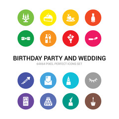 16 birthday party and wedding vector icons set included birthday, birthday boy, cake, card, flag, girl, invitation, rocket, blower, bouquet, wedding wine icons