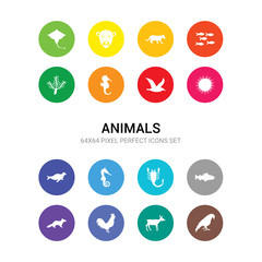 16 animals vector icons set included raven, roe, rooster, sable, salmon, scorpion, sea horse, sea lion, sea urchin, seagull, seahorse icons