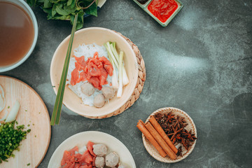 Assorted asian dinner with vietnamese noodle soup pho bo,