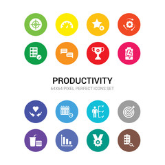 16 productivity vector icons set included analyze, appreciation, bar graph, break, bullseye with target, businessman and tactics, calendar with deadlines, care, charging, competition, discussion