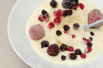 Un plato de helado de vainilla con frutos rojos.