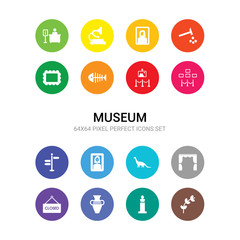 16 museum vector icons set included botanical, bust, ceramic, closed, curtain, dinosaur, el greco, excursion, exhibit, exhibition, fishbone icons