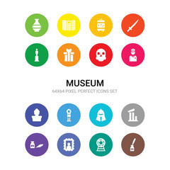 16 museum vector icons set included poetry, porcelain, portrait, quill, relics, roman or greek helmet, sarcophagus, sculpture, security guard, skeleton, souvenir icons