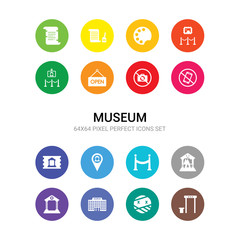 16 museum vector icons set included metal detector, mummy, museum, museum building, canvas, fencing, map, ticket, no phone, no photo, open icons