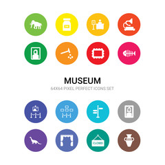 16 museum vector icons set included ceramic, closed, curtain, dinosaur, el greco, excursion, exhibit, exhibition, fishbone, frame, geological icons