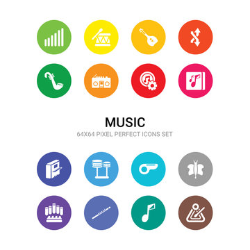 16 music vector icons set included music triangle, musical note, oboe, organ, panpipe, pennywhistle, percussion, piano, playlist, quaver, radio cassette icons