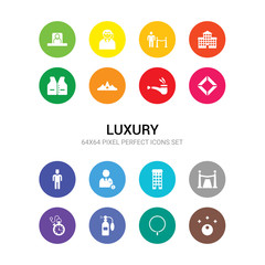 16 luxury vector icons set included pearl, pendant, perfume, pocket watch, carpet, resort, rich man, rich people, ruby, smoke pipe, tiara icons