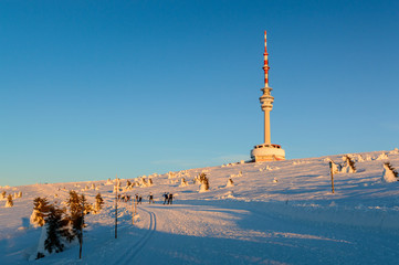 Eastern Sudetes, Praded Relay station at the top of the mountain, winter landscape.