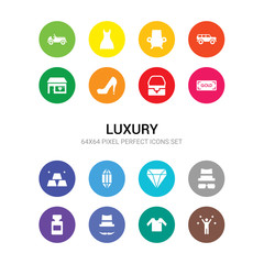 16 luxury vector icons set included famous, fashion, fedora hat, fragrance, ganster, gem, gemstone, gold bar, gold ingot, handbag, high heels icons