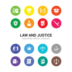 16 law and justice vector icons set included law balance, law book, paper, legal, legal paper, libra, marijuana, murder, nightstick, oath, police icons