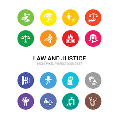 16 law and justice vector icons set included handcuffs, immigration, inheritance law, innocent, intellectual property, international law, investigation, jail, judge, jury, justice icons