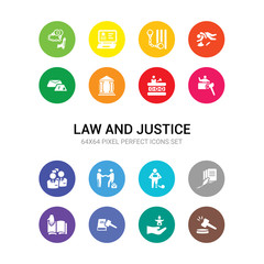16 law and justice vector icons set included case closed, child custody, civil rights, constitutional law, contract law, convict, corporative counsel, court, court trial, courthouse icons